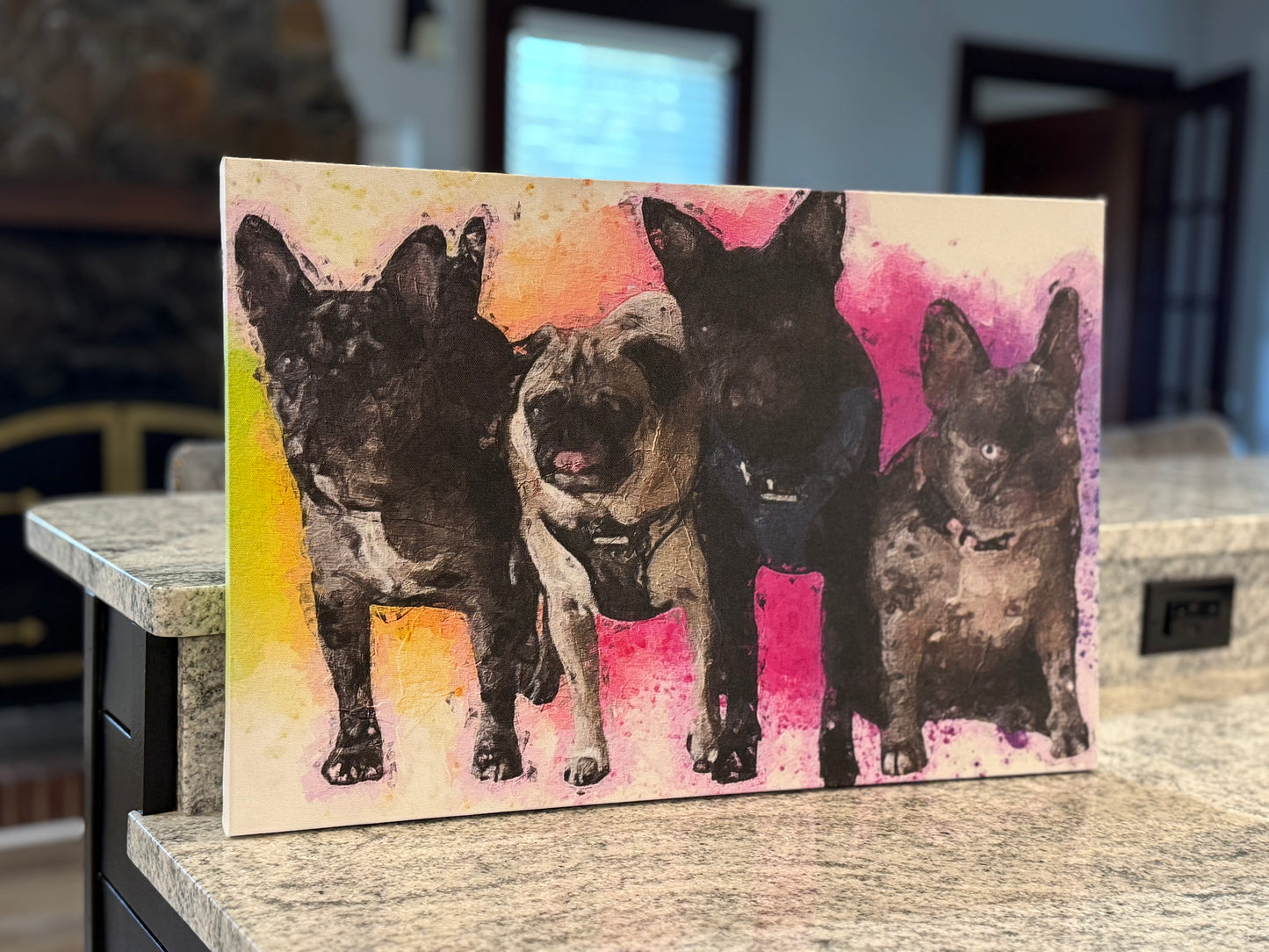 Canvas art of 4 dogs, pugs, french bulldogs