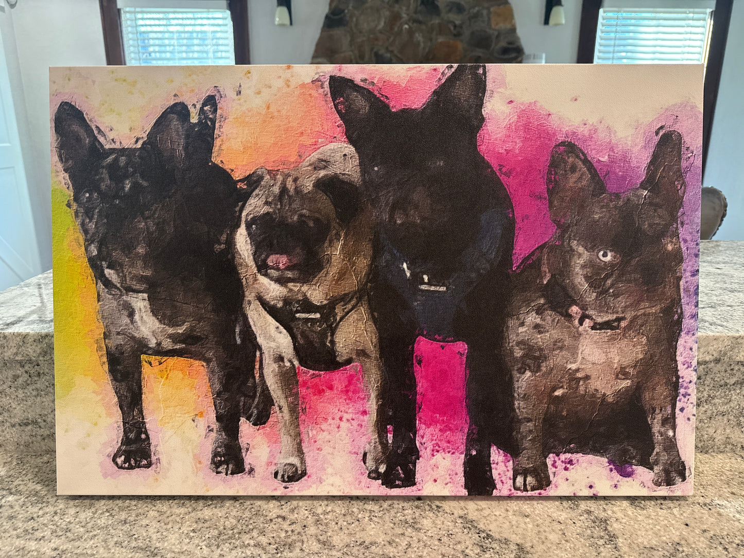 Canvas art of 4 dogs, pugs, french bulldogs