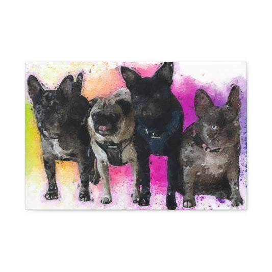 Canvas art of 4 dogs, pugs, french bulldogs