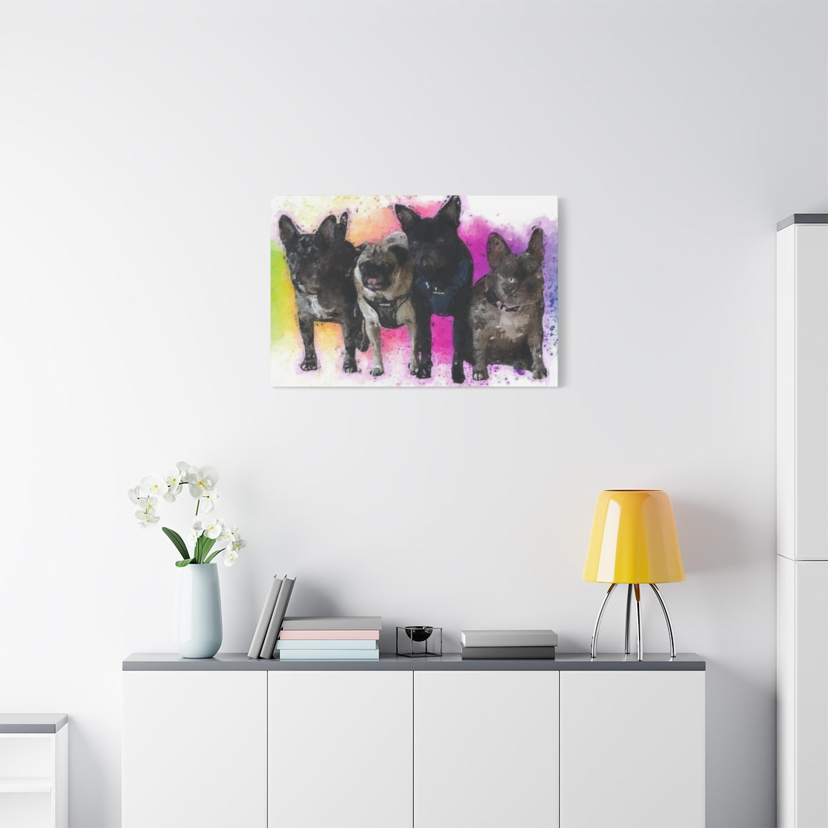 Canvas art of 4 dogs, pugs, french bulldogs