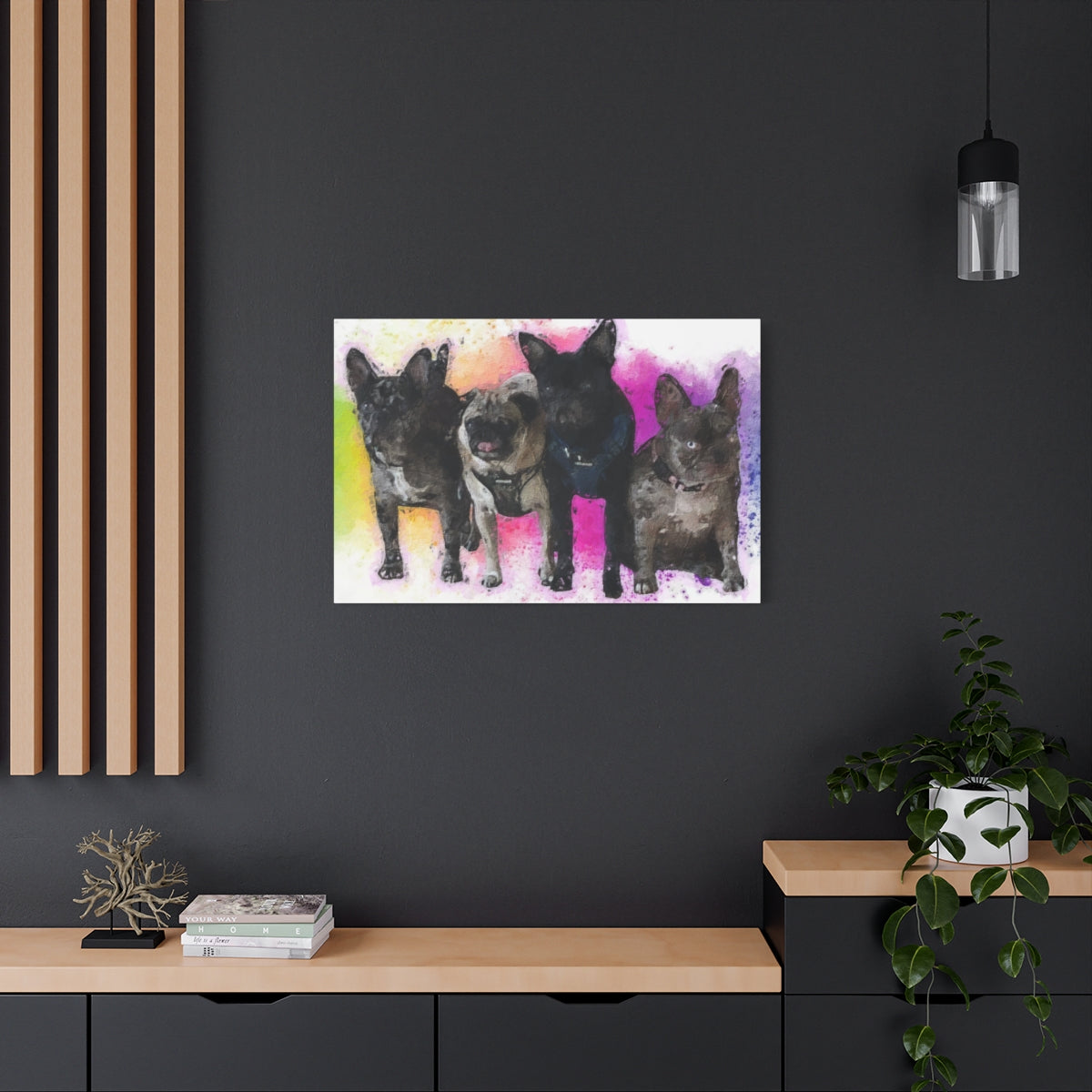 Canvas art of 4 dogs, pugs, french bulldogs